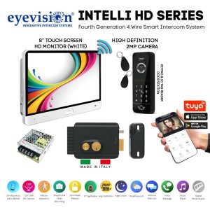 Eyevision® Intelli HD Series Smart WiFi Intercom and Pedestrian Gate Electric Lock Access Control Bundle | 120° 2MP HD Intercom Camera Keypad (Swipe Tag Reader) Outdoor Station with White Coloured 8" HD Monitor, Built-In WiFi For Smartphone APP | Includes Power Adapters, Swipe Tags, Fixing  Brackets | Easy 4 Wired Installation (Free Smartphone APP) | Fourth Generation 4 Wire Intercom and Italian Made Electric Gate Lock Viro V97 With Push Button - Galvanized and Anthracite Metallic Painted Steel