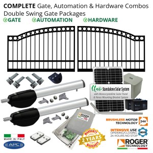 4.5m Arched Gates (2x2.25m), Gate Automation & Hardware Combos with Solar Powered Super Intensive Use Brushless  Gate Opener System, 100% Italian Made by Roger Technology. Complete Double Swing Solar Electric Gate Packages
