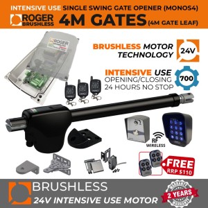 24V Brushless Sigle Swing Gate Opener Wireless Controller Kit With Safety Sensor, Wireless Keypad & Exit Button for Entry and Exit Secure Access Control |100% Italian Made by Roger Technology MONOS4 for Swing Gate Automation System. Super Intensive Use Brushless Engine with Telescopic Arm | Max. 4m/450kg Opening Driveway Gate Leaf | 100% Duty Cycle