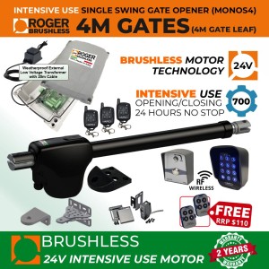 24V Brushless Sigle Swing Gate Opener Wireless Controller Kit With Safety Sensor, Wireless Keypad & Exit Button for Entry and Exit Secure Access Control, Weatherproof External 24V Transformer and 20m Low Voltage Cable |100% Italian Made by Roger Technology MONOS4 for Swing Gate Automation System. Super Intensive Use Brushless Engine with Telescopic Arm | Max. 4m/450kg Opening Driveway Gate Leaf | 100% Duty Cycle