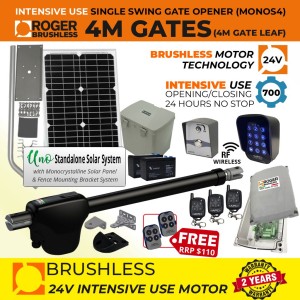 24V Solar Powered Brushless Single Swing Gate Opener Wireless Controller Kit with Safety Sensor, Wireless Keypad & Exit Button for Entry and Exit Secure Access Control, APC UNO Standalone Complete Solar Power System |100% Italian Made by Roger Technology MONOS4 for Swing Gate Automation System. Super Intensive Use Brushless Engine with Telescopic Arm | Max. 4m/450kg Opening Driveway Gate Leaf | 100% Duty Cycle