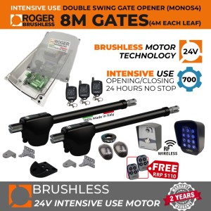 24V Brushless Double Swing Gate Opener Wireless Controller Kit With Safety Sensor, Wireless Keypad & Exit Button for Entry and Exit Secure Access Control |100% Italian Made by Roger Technology MONOS4 for Swing Gate Automation System. Super Intensive Use Brushless Engine with Telescopic Arm | Max. 8m Opening (4M or 450KG Each Leaf) | 100% Duty Cycle