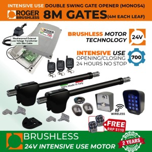 24V Brushless Double Swing Gate Opener Wireless Controller Kit With Safety Sensor, Wireless Keypad & Exit Button for Entry and Exit Secure Access Control, Weatherproof External 24V Transformer and 20m Low Voltage Cable  |100% Italian Made by Roger Technology MONOS4 for Swing Gate Automation System. Super Intensive Use Brushless Engine with Telescopic Arm | Max. 8m Opening (4M or 450KG Each Leaf) | 100% Duty Cycle