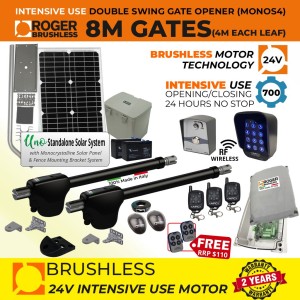 24V Solar Powered Brushless Double Swing Gate Opener Wireless Controller Kit with Safety Sensor, Wireless Keypad & Exit Button for Entry and Exit Secure Access Control, APC UNO Standalone Complete Solar Power System |100% Italian Made by Roger Technology MONOS4 for Swing Gate Automation System. Super Intensive Use Brushless Engine with Telescopic Arm | Max. 8m Opening (4M or 450KG Each Leaf) | 100% Duty Cycle
