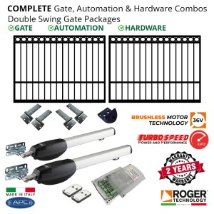 5m Ring Top Gates 2x (2.5m (L) x 1.5m (H)), Gate Automation & Hardware Combos with 36V Brushless Turbo-Speed Gate Opener System, 100% Italian Made by Roger Technology. Complete Double Swing Electric Gate Packages