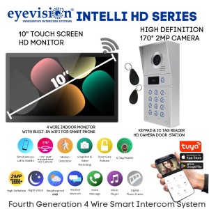 Eyevision® Intelli HD Series Smart WiFi Intercom System | Stainless Steel 170° Fish Eyes Lens, Ultra Wide Angle, 2MP AHD Intercom Camera Keypad (Swipe Tag Reader) Outdoor Station with 10" Touchscreen HD Monitor With Built-In WiFi For Smartphone APP | Includes Power Adapters, Swipe Tags, Fixing  Brackets | Easy 4 Wired Installation (Free Smartphone APP) | Fourth Generation 4 Wire Intercom Systems