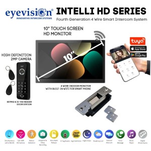 Eyevision® Intelli HD Series Smart WiFi Intercom System with Stainless Steel Electric Gate and Door Striker | 120° 2MP HD Intercom Camera Keypad (Swipe Tag Reader) Outdoor Station with 10" HD Monitor With Built-In WiFi For Smartphone APP | Includes Power Adapters, Swipe Tags, Fixing  Brackets | Easy 4 Wired Installation (Free Smartphone APP) | Fourth Generation 4 Wire Intercom and Door Striker Access Control Systems