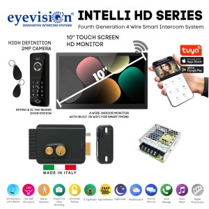Eyevision® Intelli HD Series Smart WiFi Intercom and Pedestrian Gate Electric Lock Access Control Bundle | 120° 2MP HD Intercom Camera Keypad (Swipe Tag Reader) Outdoor Station with 10" HD Monitor With Built-In WiFi For Smartphone APP | Includes Power Adapters, Swipe Tags, Fixing  Brackets | Easy 4 Wired Installation (Free Smartphone APP) | Fourth Generation 4 Wire Intercom and Italian Made Electric Gate Lock Viro V97 With Push Button - Galvanized and Anthracite Metallic Painted Steel
