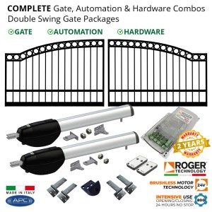 4.5m Arched Gates (2x2.25m), Gate Automation & Hardware Combos with Super Intensive Use Brushless  Gate Opener System, 100% Italian Made by Roger Technology. Complete Double Swing Solar Electric Gate Packages