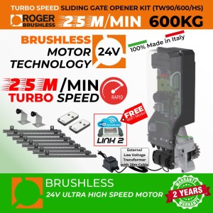 Invisible Sliding Gate Operator | In-Post Sliding Gate Opener Kit With Weatherproof External 24V Transformer with 20m Low Voltage Cable | Suitable to Install Inside 150mm x 150mm Post, No Limits Required | Turbo Speed Brushless Sliding Gate Motor |100% Italian Made by Roger Technology TW90/600/HS Sliding Gate Automation System. 100% Duty Cycle 600kg Brushless In-Post Invisible Sliding Gate Motor