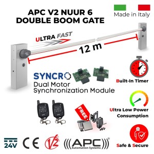 12m Double Boom Barrier System / Boom Gates / Parking Barriers, Traffic Access Control APC V2 NUUR 6. Universal Boom Gate Ultra High-Speed 24V DC, 2x6 Meter Boom Gate Barrier Made in Italy, Two Key Chain Remote Control and APC Syncro Module Set
