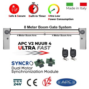 8m Double Boom Barrier System / Boom Gates / Parking Barriers, Traffic Access Control APC V2 NUUR4. Universal Boom Gate Ultra High-Speed 24V DC, 2x4 Meter Boom Gate Barrier Made in Italy, Two Key Chain Remote Control and APC Syncro Module Set