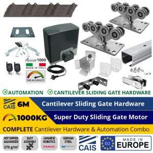 6M Complete Cantilever Gate Hardware and Automation Package. Hot Dip Galvanised German Steel Cantilever Sliding Gate Hardware (Made in Europe by CAIS) and Super Duty 1000kg Sliding Gate Opener (Made in Italy)