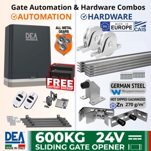 DEA Sliding Gate Opener and European Made Premium Hardware Base DIY Kit Includes Heavy Duty 600kg Italian made Sliding Gate Motor, Remote Controls, Free Battery Backup, Retro Reflective Safety Sensor, Gate Track and European Sliding Gate Hardware Base Kit