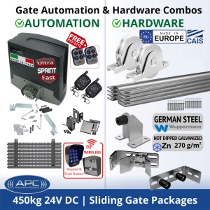 Ultra Fast Sliding Gate Opener and European Made Premium Hardware DIY Kit Include Extra Heavy Duty APC Proteous 450 Sprint Italian Made Ultra Fast Automatic Electric Sliding Gate Motor, Remotes, Retro Reflective Safety Sensor, Wireless Access Controller and European Sliding Gate Hardware Base Kit.
