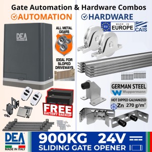 DEA Sliding Gate Opener and European Made Premium Hardware Base DIY Kit Includes Heavy Duty 900kg Italian made Sliding Gate Motor, Remote Controls, Free Battery Backup, Retro Reflective Safety Sensor, Gate Track and European Sliding Gate Hardware Base Kit. Suitable Sliding Gate on Sloped Driveways.