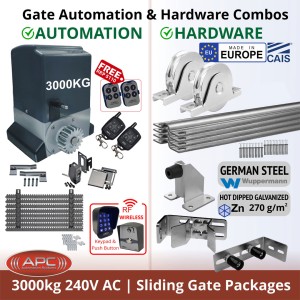 3000KG (3 Tonne) Commercial Grade Sliding Gate Automation System and European Made Premium Hardware DIY Kit Includes APC Typhoon 3000 Automatic Electric Sliding Gate AC Motor, Remotes, Retro Reflective Safety Sensor, Wireless Access Controller and European Sliding Gate Hardware Base Kit.