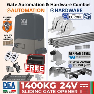 DEA Sliding Gate Opener and European Made Premium Hardware Base DIY Kit Includes Heavy Duty 1400kg Italian made Sliding Gate Motor, Remote Controls, Free Battery Backup, Retro Reflective Safety Sensor, Gate Track and European Sliding Gate Hardware Base Kit. This strong automatic sliding gate opener system is ideal for sloped driveways.
