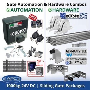 Super Duty 1000 KG Sliding Gate Opener and Premium Hardware DIY Kit Include APC Proteous P1000 Italian Made Super Duty Automatic Electric Sliding Gate Motor, Remotes, Retro Reflective Safety Sensor, Wireless Access Controller and European Made Sliding Gate Hardware