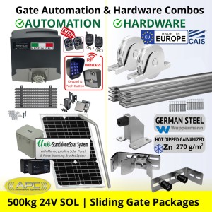 Solar OFF GRID Sliding Gate Opener and European Made Premium Hardware Base DIY Kit Includes Extra Heavy Duty APC Proteous 500 Italian Made Automatic Electric Sliding Gate Motor, Remotes, Retro Reflective Safety Sensor, Wireless Access Controller, Gate Track and European Sliding Gate Hardware Base Kit.
