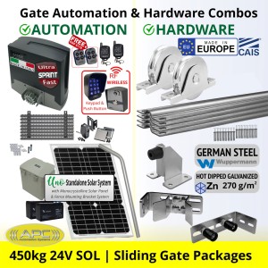 Solar Powered Ultra Fast Sliding Gate Opener and European Made Premium Hardware DIY Kit Include Extra Heavy Duty APC Proteous 450 Sprint Italian Made Ultra Fast Automatic Electric Sliding Gate Motor, Remotes, Retro Reflective Safety Sensor, Wireless Access Controller and European Sliding Gate Hardware Base Kit.