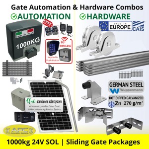 Solar Powered Super Duty 1000 KG Sliding Gate Opener and Premium Hardware DIY Kit Include APC Proteous P1000 Italian Made Super Duty Automatic Electric Sliding Gate Motor, Remotes, Retro Reflective Safety Sensor, Wireless Access Controller and European Made Sliding Gate Hardware