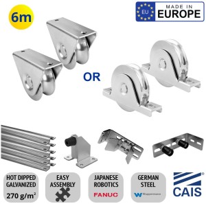 6m Sliding Gate Hardware Premium Kit | European Made Heavy Duty Hot Dipped Galvanized German Steel Sliding Gate Hardware Kit With Ground Track, Wheels, Adjustable End Stop Bracket Set, Upper Rollers, Bolt Down Gate Stop | Made in Europe by CAIS.