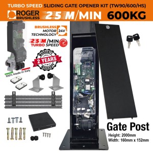 Invisible Sliding Gate Operator and 2000mm Gate Post Package | Sleek, Secure, Space-Saving and High Speed Gate Opener Motor Hidden Inside The Gate Post For A Clean, Modern Look. | In-Post Sliding Gate Automation Kit with Special Design Gate Post for Italian Made Roger Technology TW90/600/HS Brushless Sliding Gate Motor, No Limits Required | 100% Duty Cycle, 600kg Capacity.