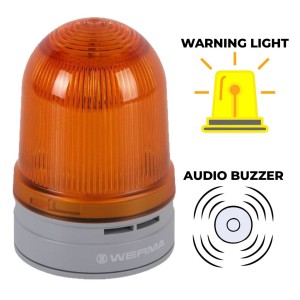 The WERMA D85 Flashing Warning Light With Rotate / Flash / Blink / Sounder is a visual and audible signalling device that combines a beacon with a sounder, operating on a 24V DC power supply. | Rating IP66 |