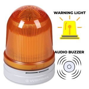 The WERMA D120 Flashing Warning Light with Permanent/Rotate/Flash/Blink/Sounder is a visual and audible signalling device that combines a beacon with a sounder, operating on a 24V DC power supply. | Rating IP66 |