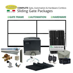 Solar Gate Automation with 3m Gate Frame Including Hardware Combo Package. Italian Made Sliding Gate Opener, Gate Frame, Hardware, Solar Panel, and Batteries