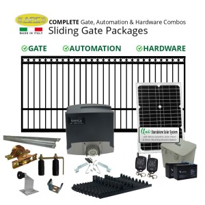Solar Gate Automation and 3m Ring Top Sliding Gate Combo Package. Heavy Duty Italian Made Sliding Gate Opener System Including Gate, Hardware, Solar Panel, and Batteries