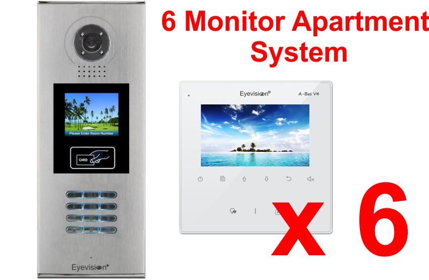 Multi Key LCD Outdoor Station -  6 Apartment System Complete Package with 4 Inch Monitors