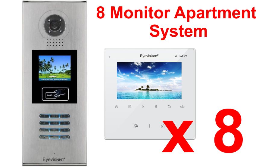 Multi Key LCD Outdoor Station -  8 Apartment System Complete Package with 4 Inch Monitors