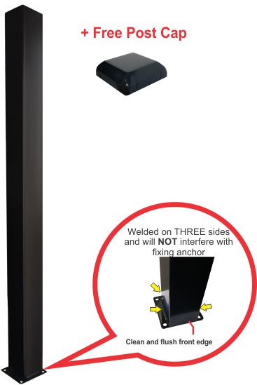 100x100x2000mm Post With Bolt Down Base Plate | Satin Black Powdercoated