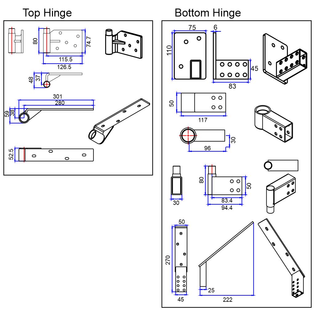 Adjustable rising driveway gate hinge top and bottom part dimensions