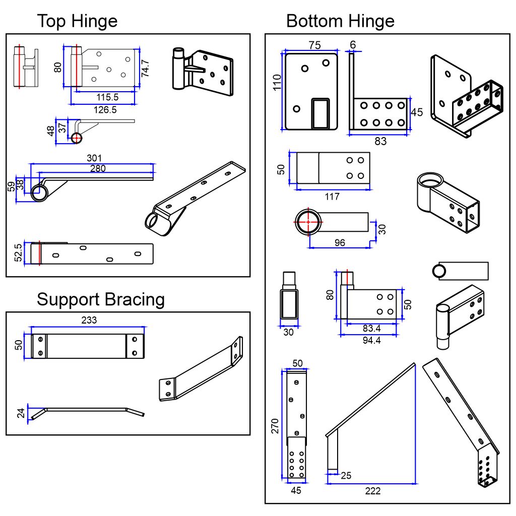 Adjustable rising driveway gate hinge top and bottom part dimensions
